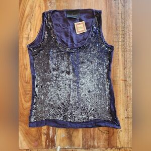 Nonoo Womens 0 Small Blue Sequin Sleevless Silk Tank Top Glam Glitter Sparkle